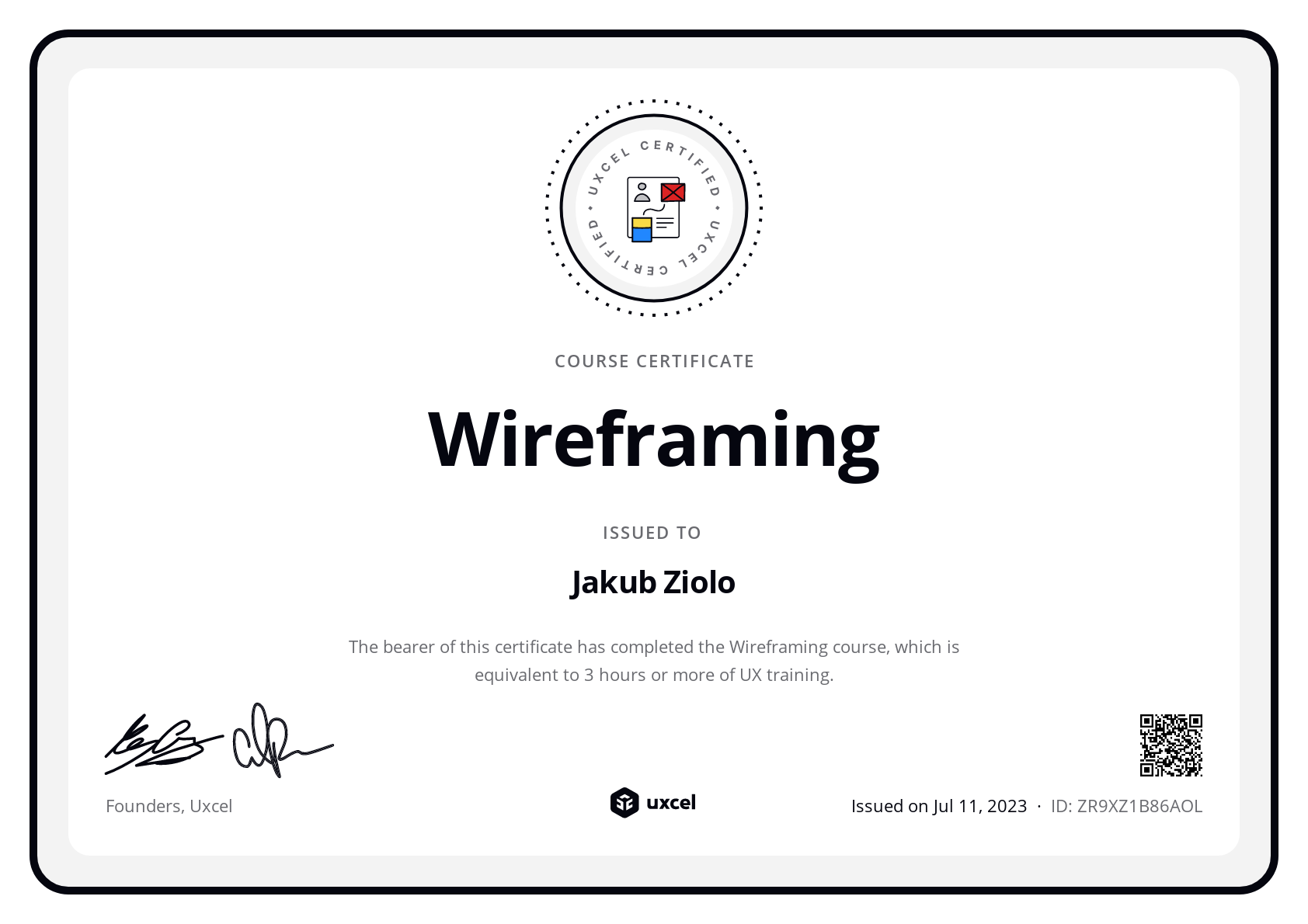Jakub Ziolo's certificate
